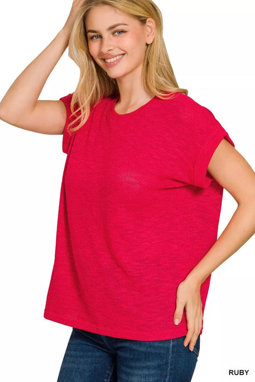 Zenana Hacci Slub Rolled Up Sleeve Tee