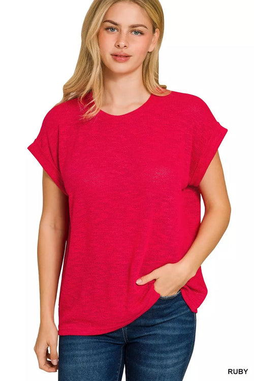 Zenana Hacci Slub Rolled Up Sleeve Tee