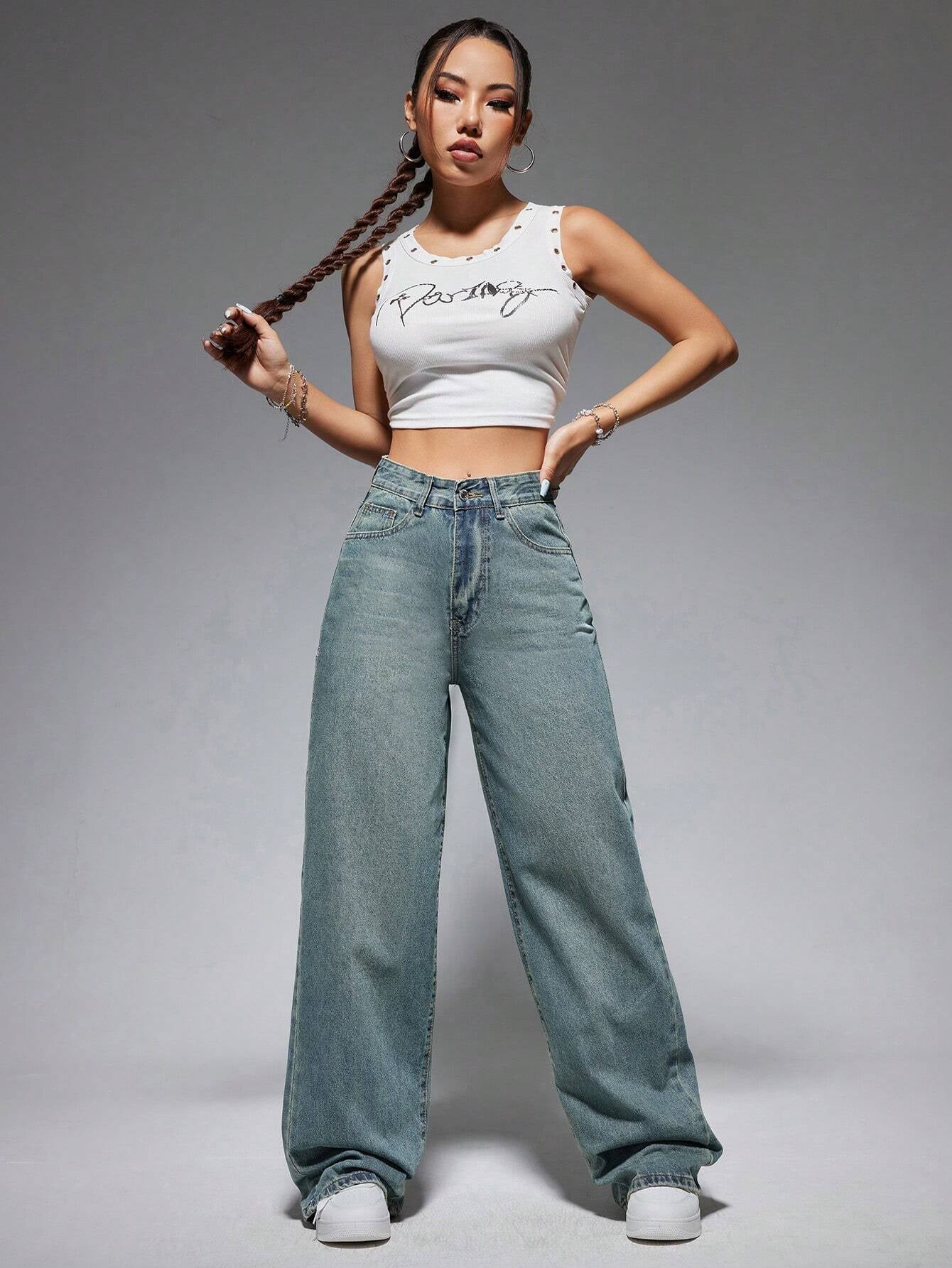 Jeanoix Washed Wide-Leg Jeans with Slanted Pockets Baggy Jeans Y2K